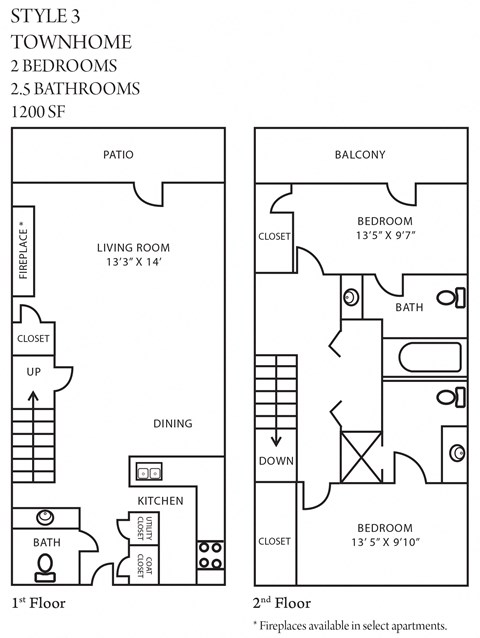 Floor plan for 2 beds, 2.5 baths, 1200 sqft